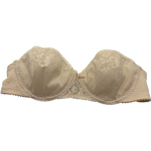 Maidenform Pretty Shapely Strapless Bra 34A Beige Lace Nylon Vintage Union Made - Picture 1 of 5